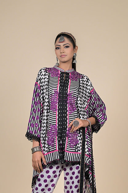 Geometrical Printed Kaftan in Frost White , Cotton Muslin - Summer Collection #ISH-25-01