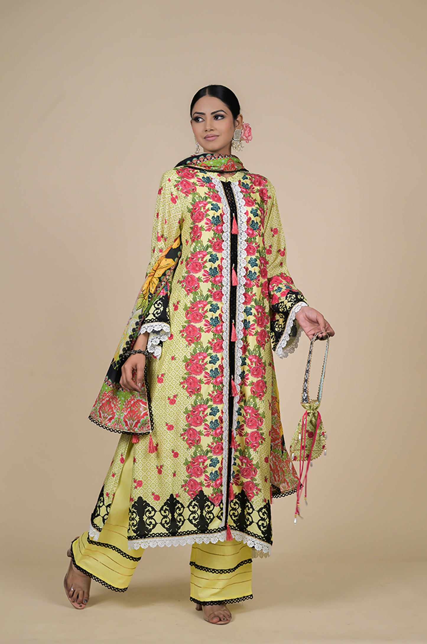 Amazing Lemon Yellow Floral Suit - A Timeless Classic Cotton Muslin - #ISH-36-02