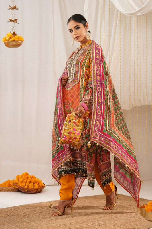 Multicolor Printed Orange Crepe Suit Set with Potli – Riwayat