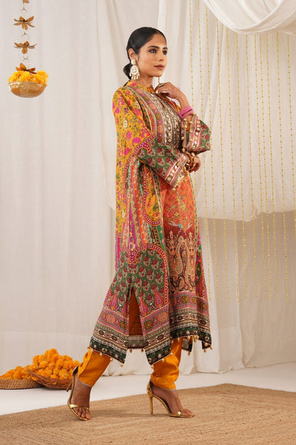 Multicolor Printed Orange Crepe Suit Set with Potli – Riwayat