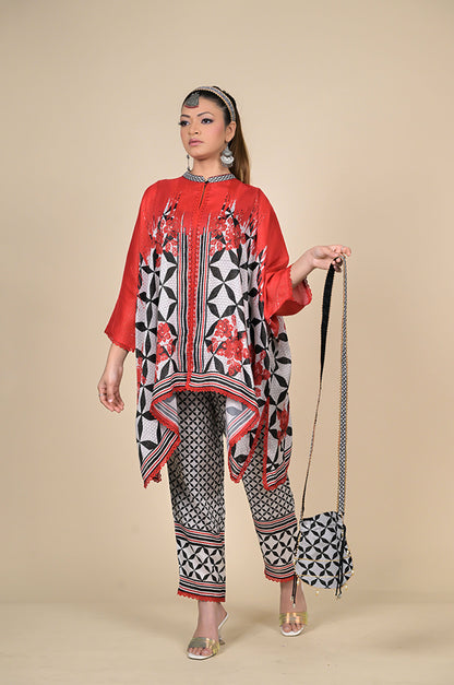 Beautiful Complex Printed Red & Black Kaftan, Cotton Muslin - Summer Collection #ISH-24-02