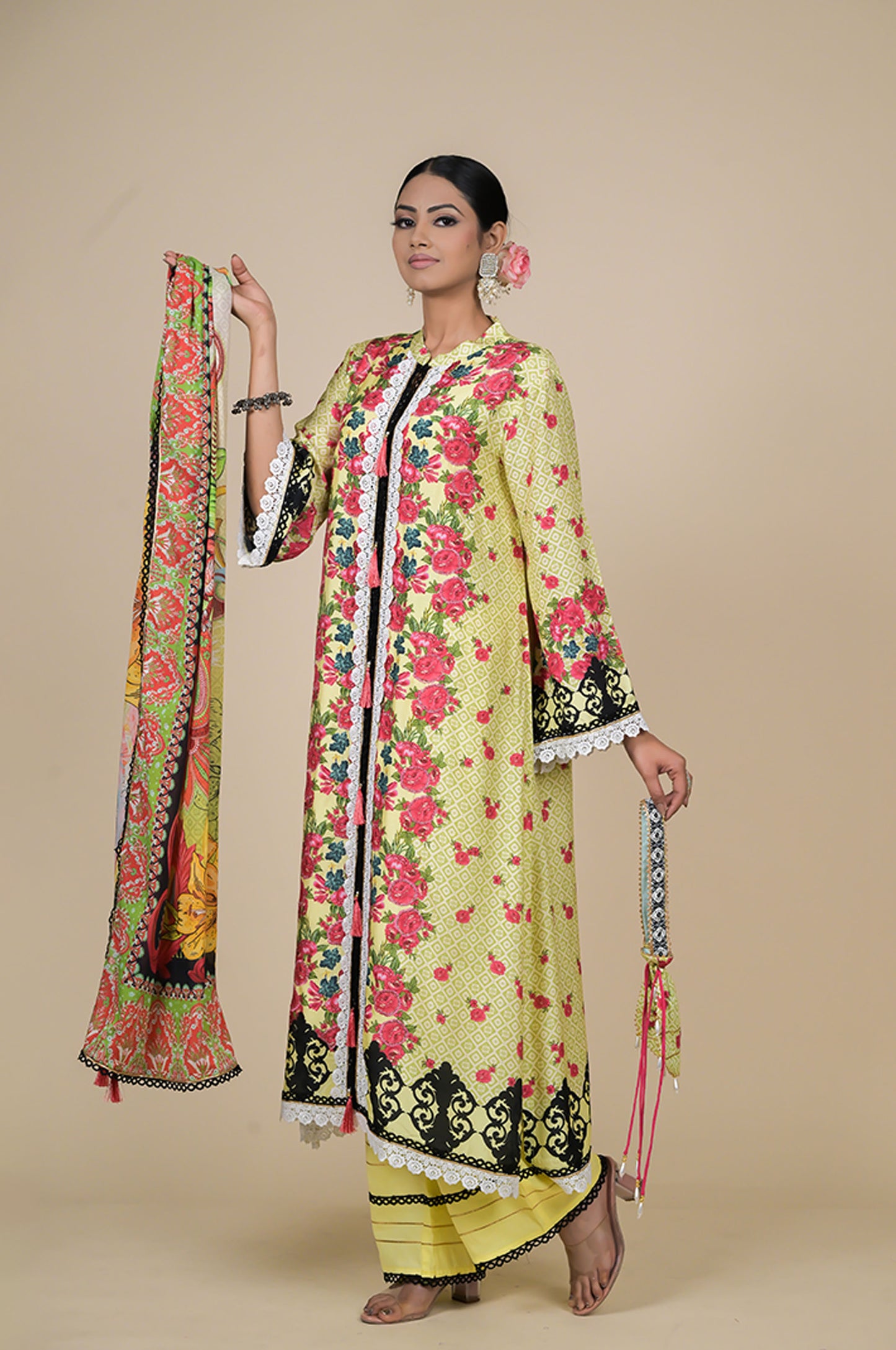 Amazing Lemon Yellow Floral Suit - A Timeless Classic Cotton Muslin - #ISH-36-02