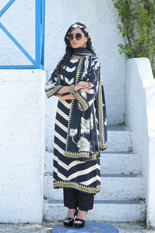 Chevron Ocean Wave Print Suit Set with Floral Dupatta , Cotton Muslin - Summer Collection  #ISH-09-03