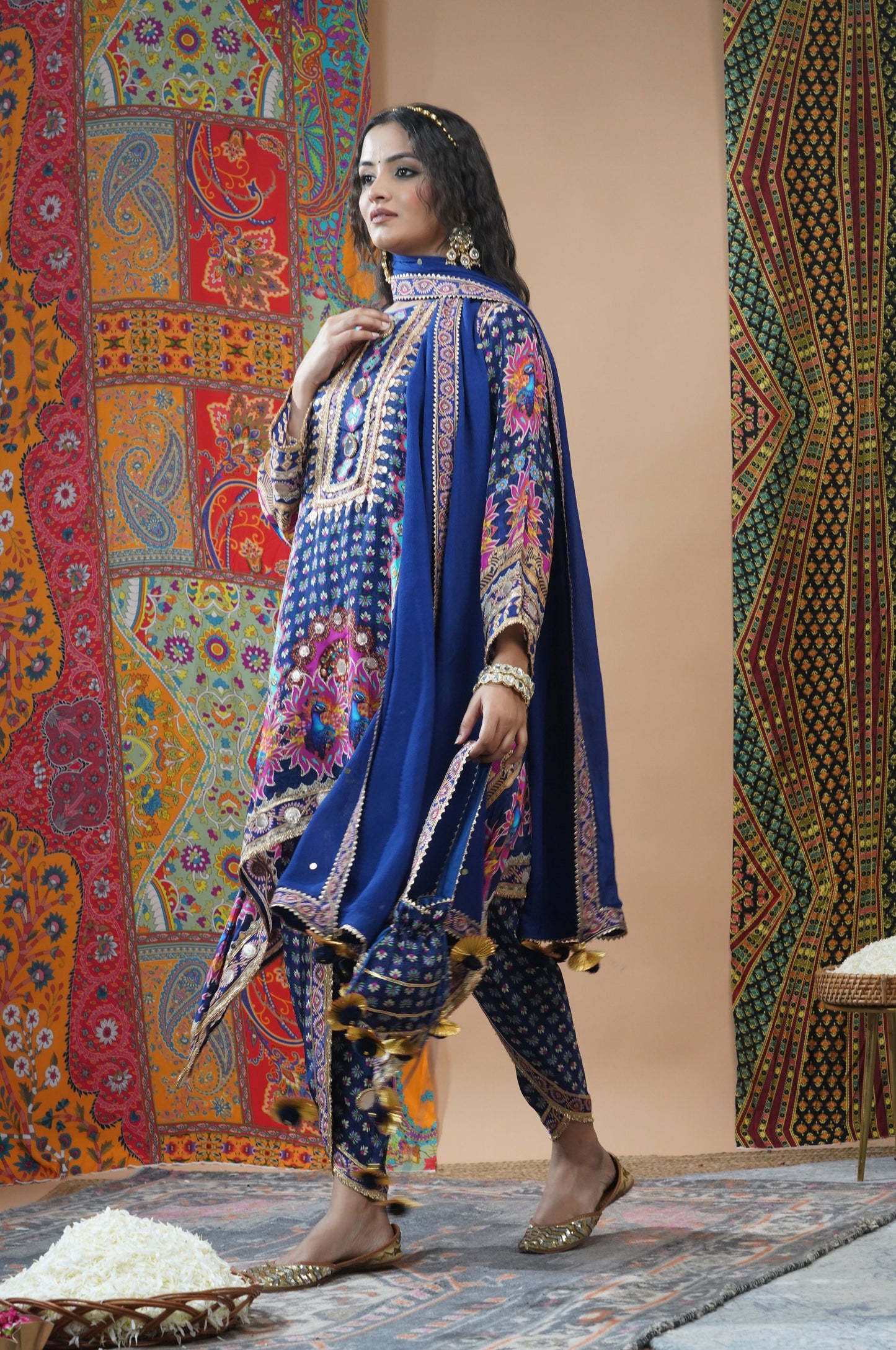 Peacock Blue Viscose Kurta with Dhoti Pant - Swara Collection