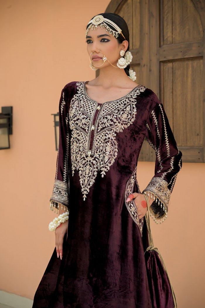 Coffee Brown Velvet Ensemble with Artistic Embroidery – Noor Festive Edition