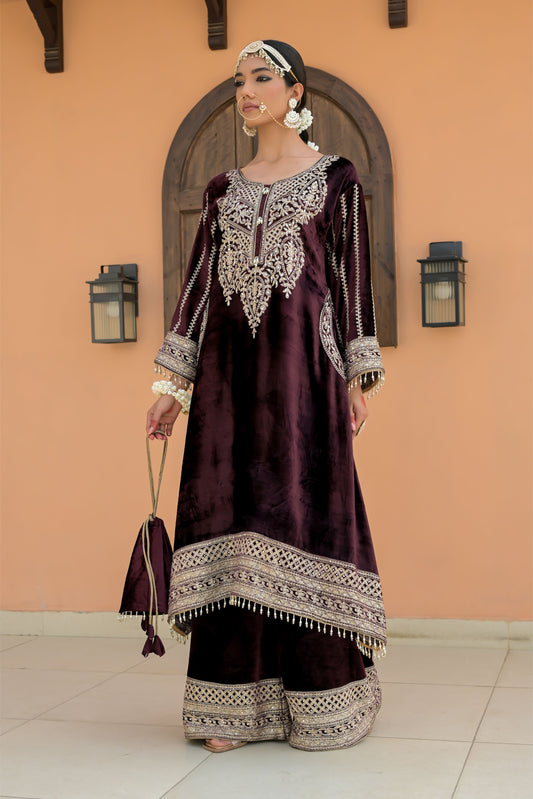 Coffee Brown Velvet Ensemble with Artistic Embroidery – Noor Festive Edition