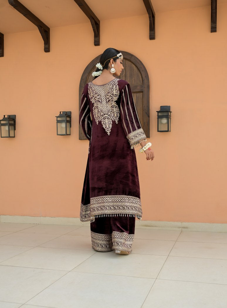 Coffee Brown Velvet Ensemble with Artistic Embroidery – Noor Festive Edition