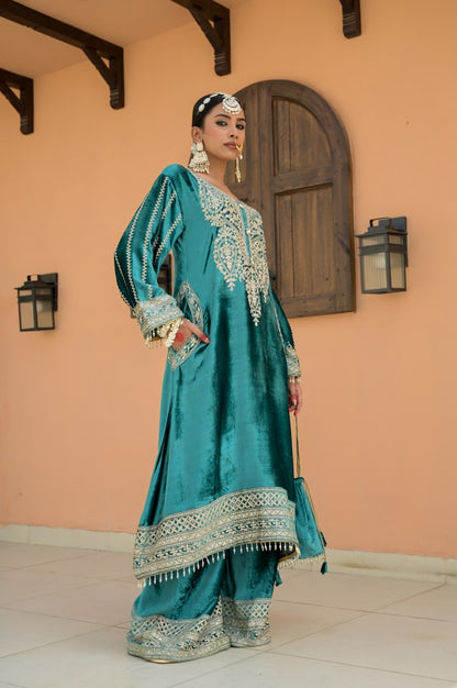 Sea Green Brown Velvet Ensemble Suit – Noor Festive Edition