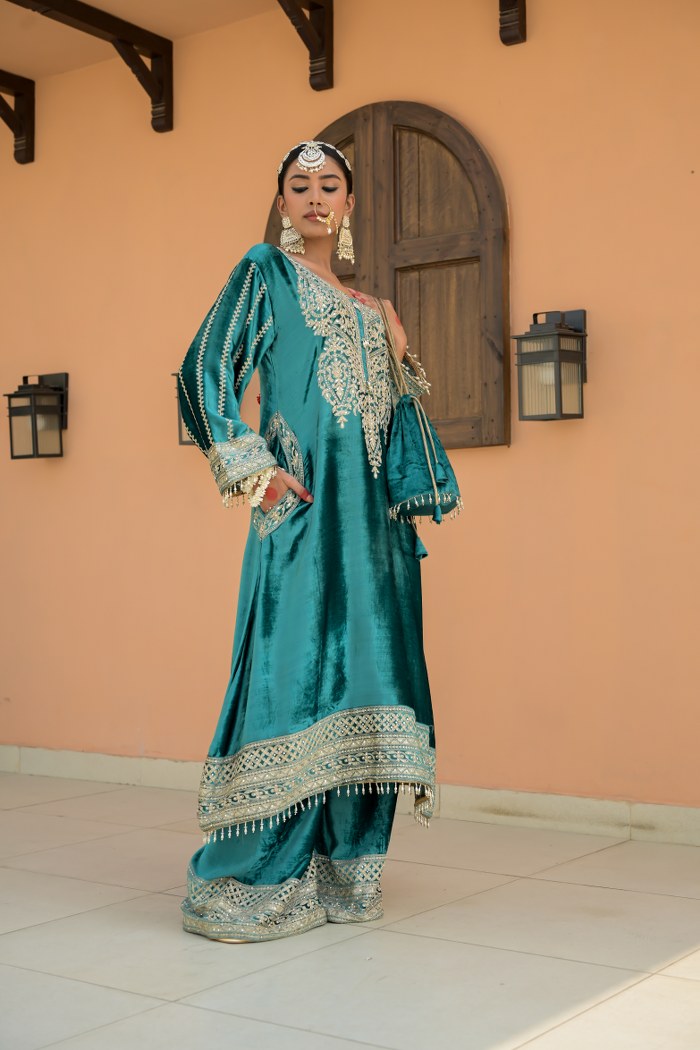 Sea Green Brown Velvet Ensemble Suit – Noor Festive Edition