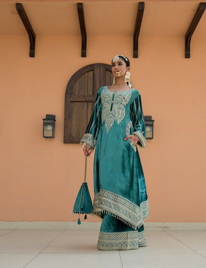 Sea Green Brown Velvet Ensemble Suit – Noor Festive Edition