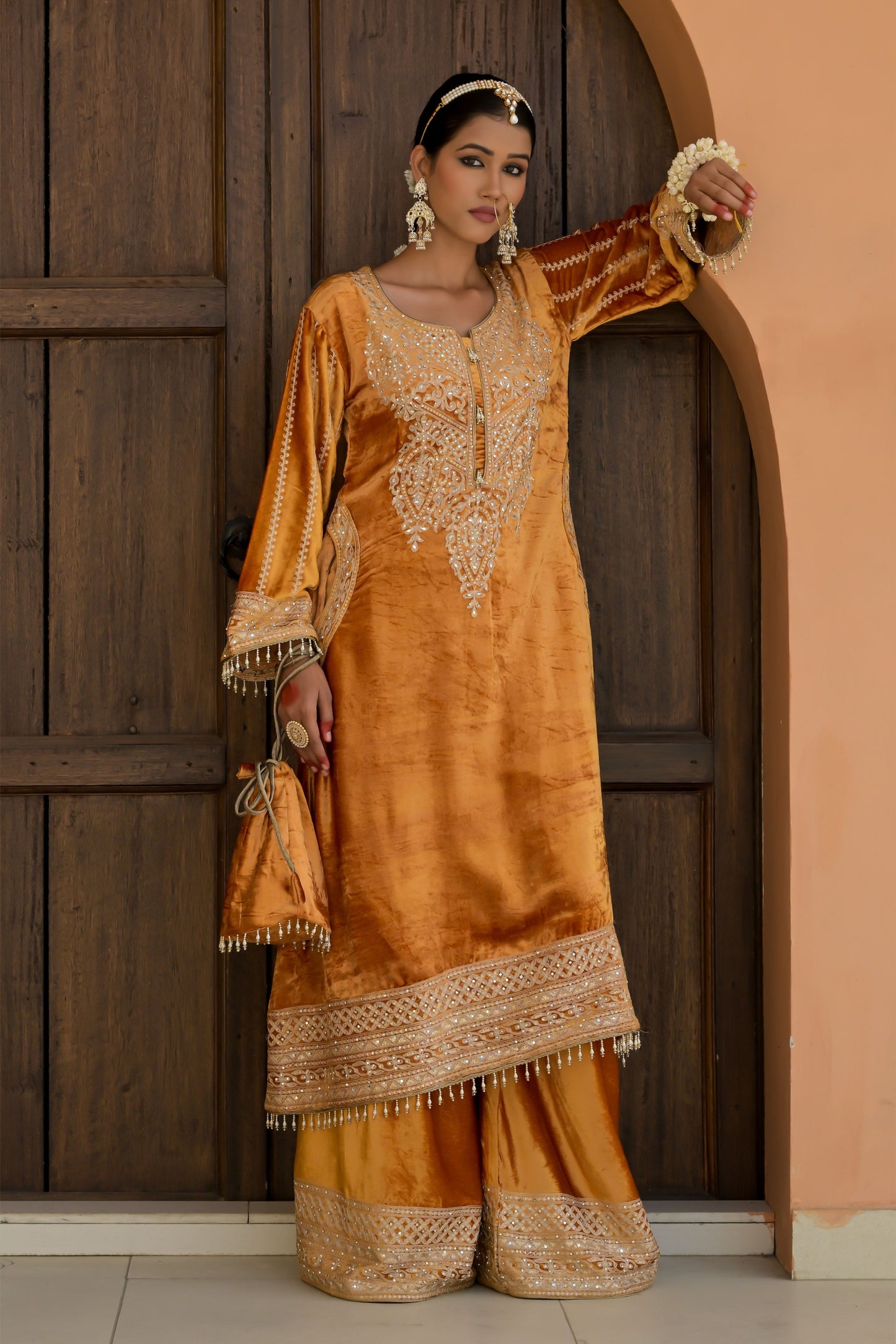 Graceful Pale Orange Velvet Ensemble Suit – Noor Festive Edition