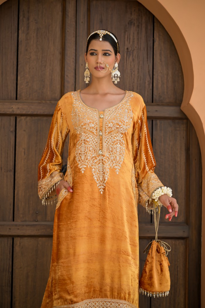 Graceful Pale Orange Velvet Ensemble Suit – Noor Festive Edition