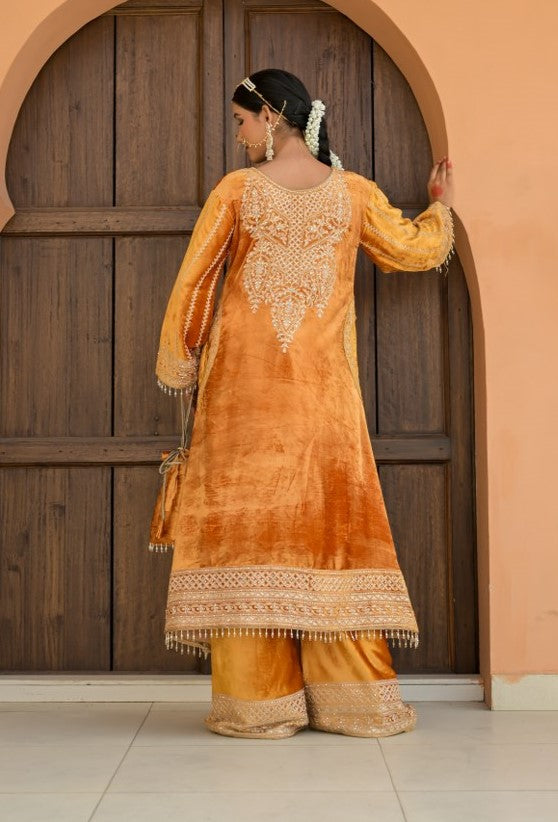 Graceful Pale Orange Velvet Ensemble Suit – Noor Festive Edition