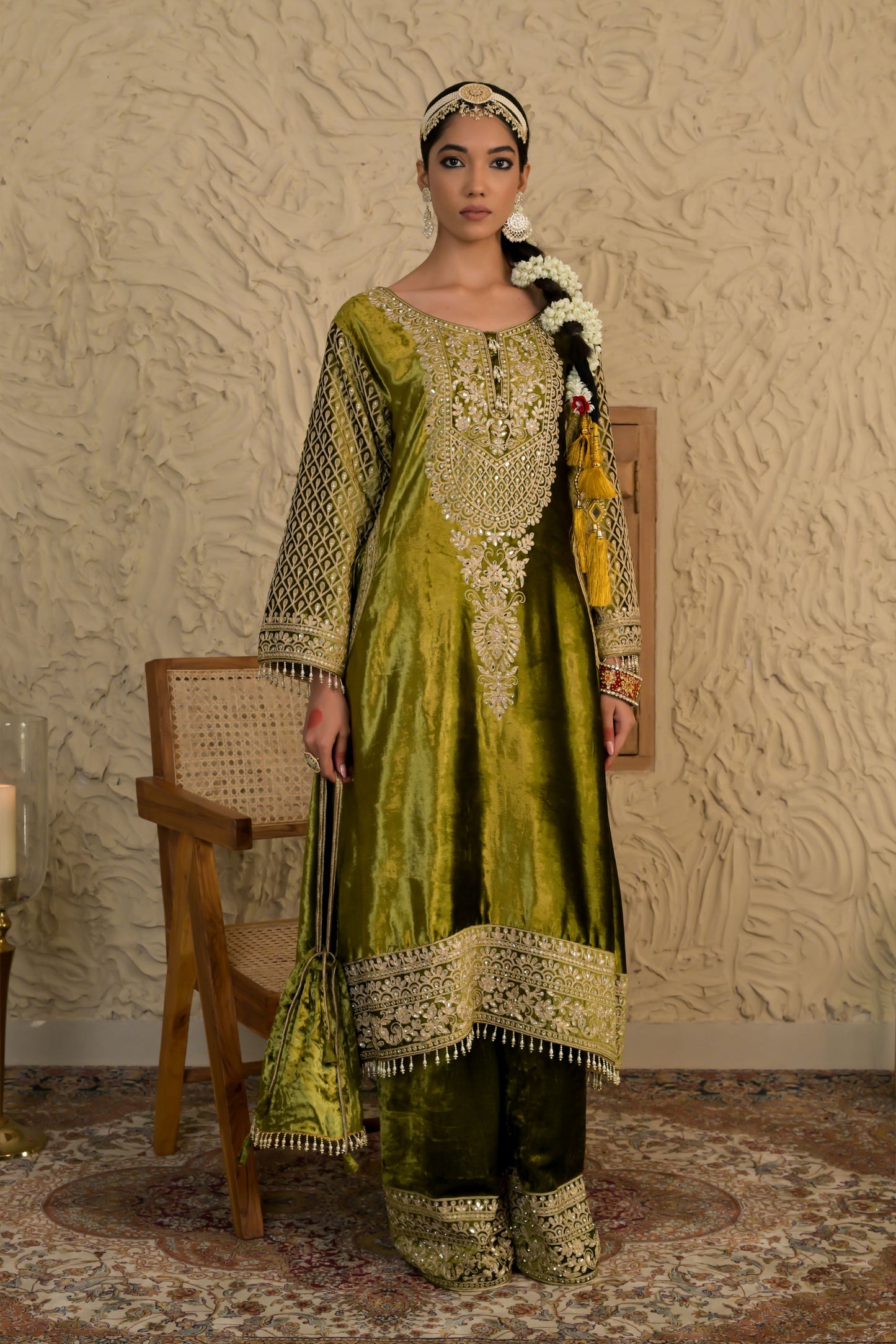 Sophisticated Olive Green Velvet Suit with Embellished Dupatta – Noor Wedding Edit