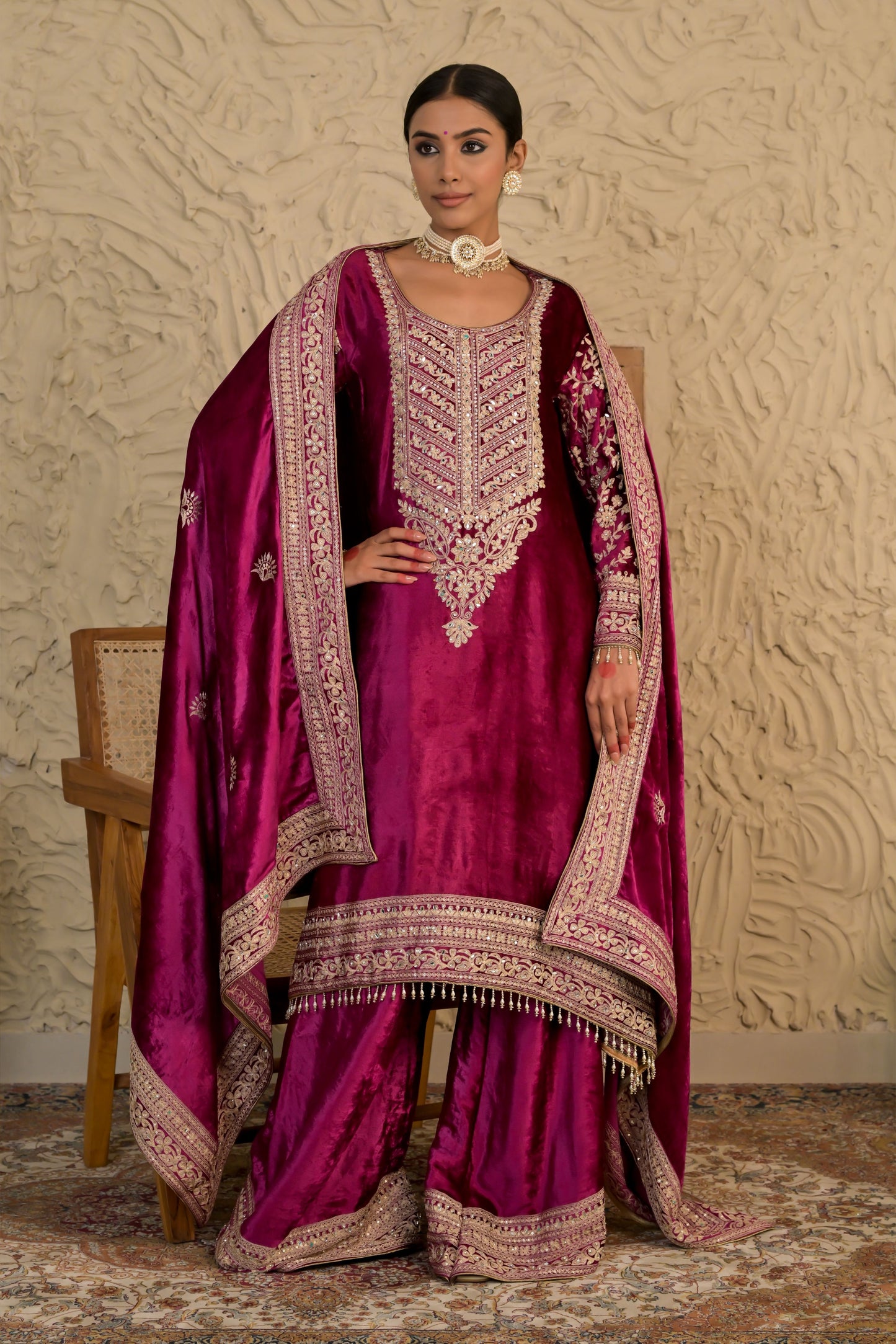 Timeless Wine Red Velvet Suit – Noor Wedding Edit