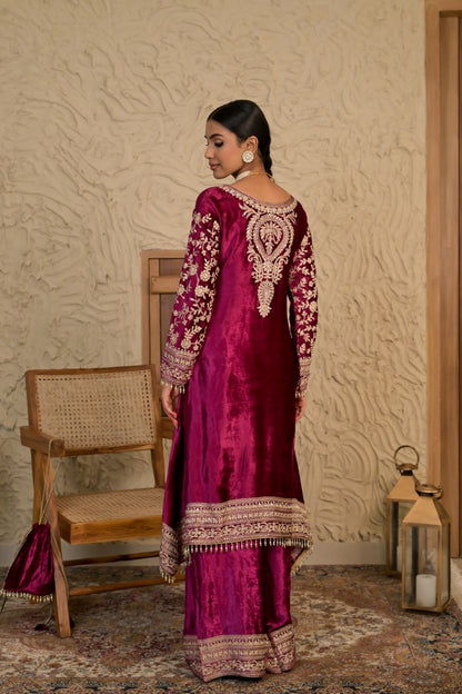 Timeless Wine Red Velvet Suit – Noor Wedding Edit