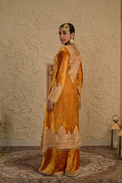 Mustard Velvet Suit with Exquisite Embroidery – Noor Edit