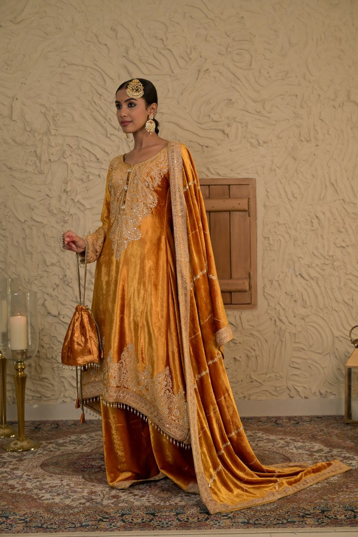 Mustard Velvet Suit with Exquisite Embroidery – Noor Edit