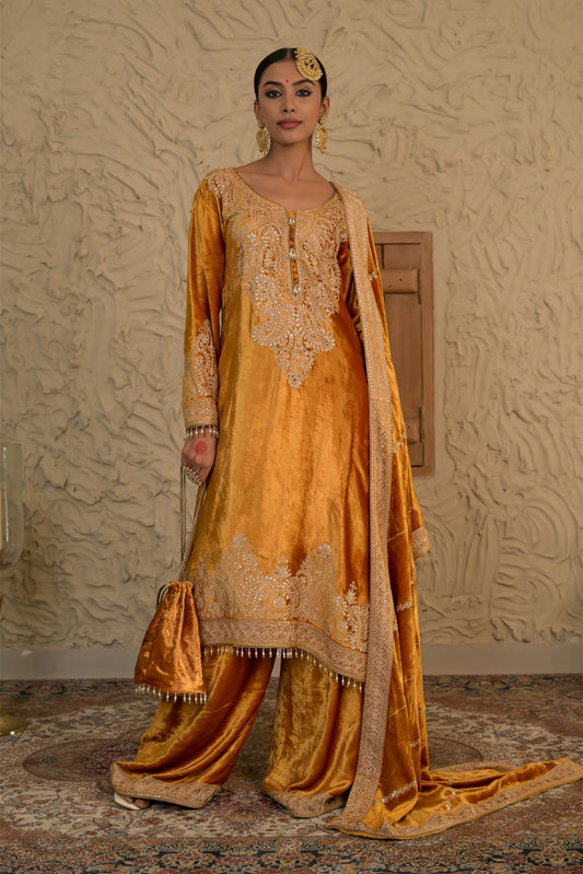 Mustard Velvet Suit with Exquisite Embroidery – Noor Edit