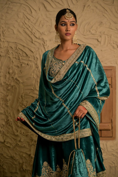 Teal Velvet Suit with Exquisite Embroidery – Noor Edit