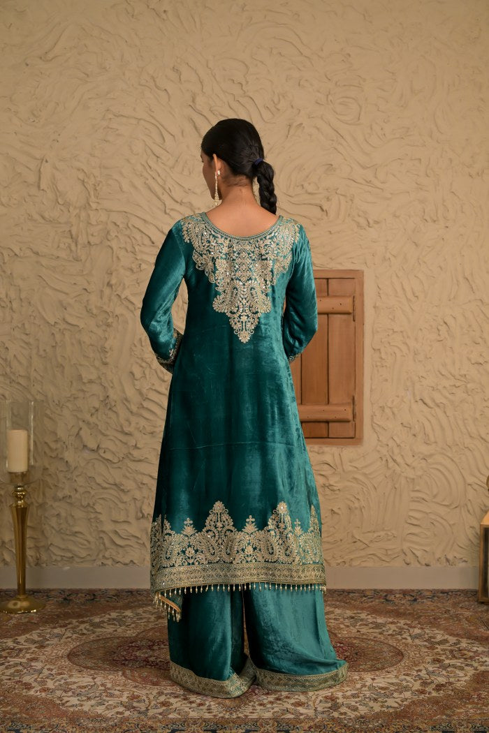 Teal Velvet Suit with Exquisite Embroidery – Noor Edit