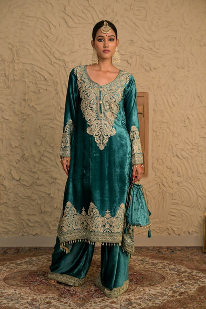 Teal Velvet Suit with Exquisite Embroidery – Noor Edit