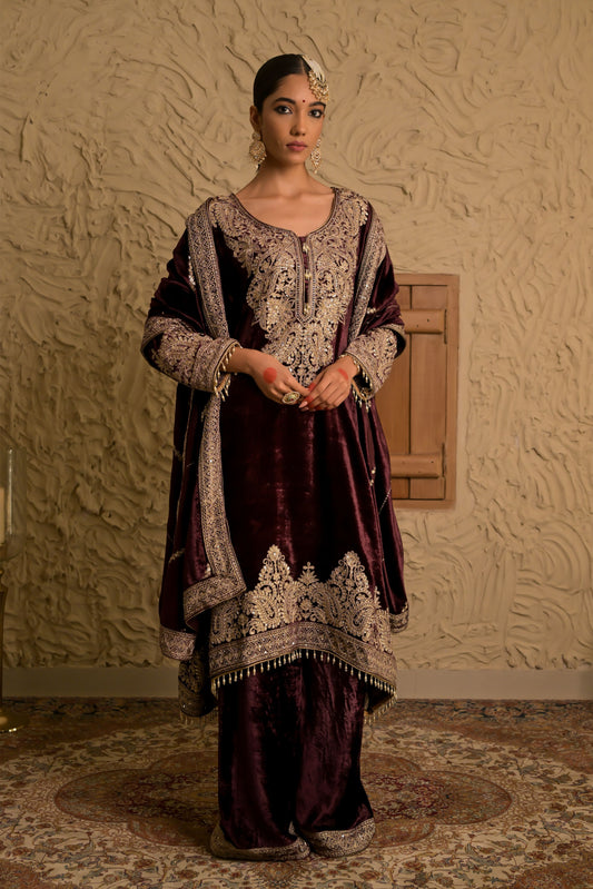 Radiant Brown Velvet Suit with Exquisite Embroidery – Noor Edit