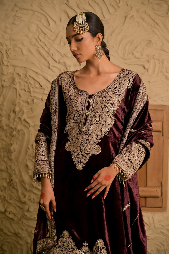 Radiant Brown Velvet Suit with Exquisite Embroidery – Noor Edit