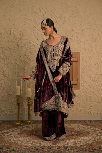 Radiant Brown Velvet Suit with Exquisite Embroidery – Noor Edit