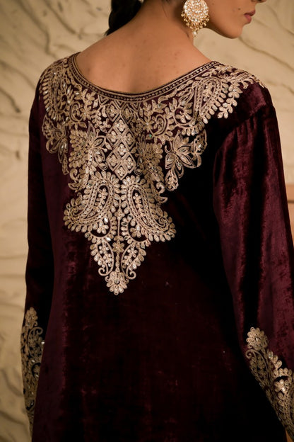 Radiant Brown Velvet Suit with Exquisite Embroidery – Noor Edit