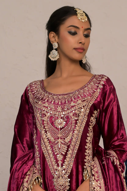 Graceful Wine Red Velvet Suit with Embroidered Dupatta – Noor Edit