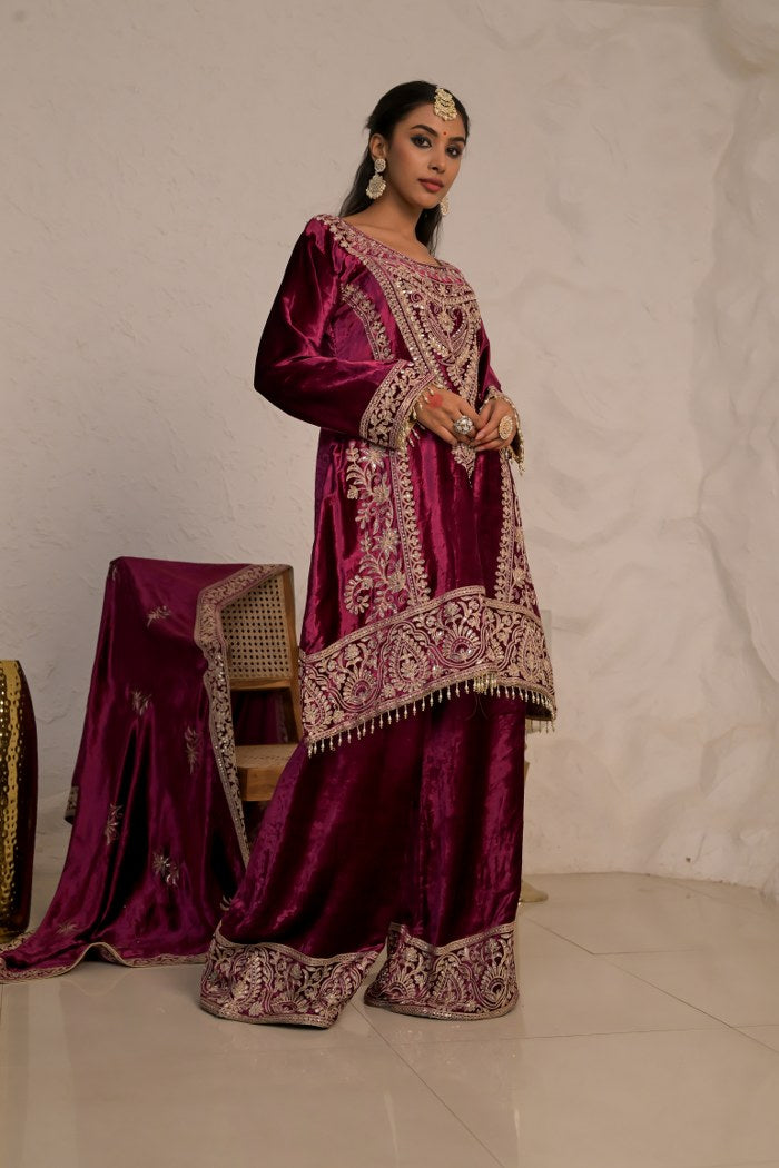 Graceful Wine Red Velvet Suit with Embroidered Dupatta – Noor Edit