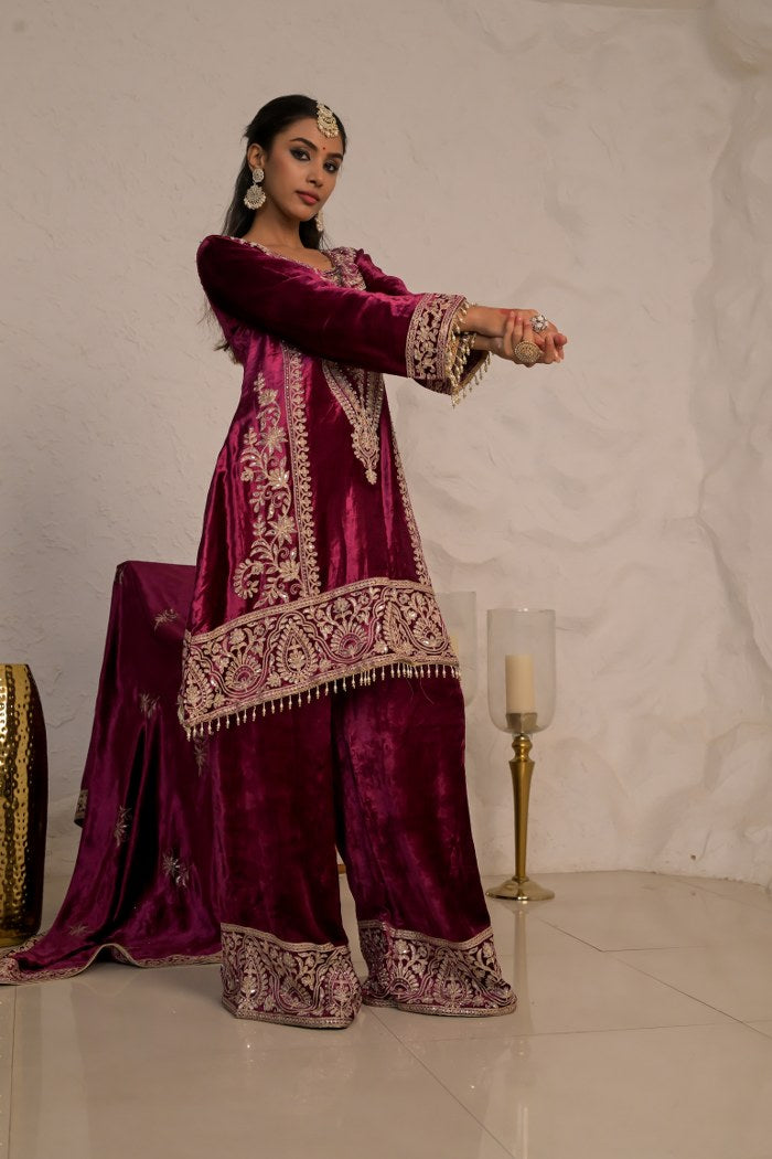 Graceful Wine Red Velvet Suit with Embroidered Dupatta – Noor Edit