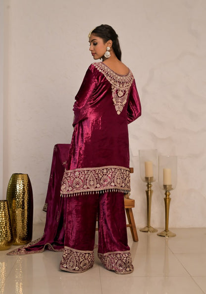 Graceful Wine Red Velvet Suit with Embroidered Dupatta – Noor Edit