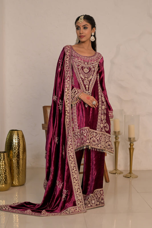 Graceful Wine Red Velvet Suit with Embroidered Dupatta – Noor Edit