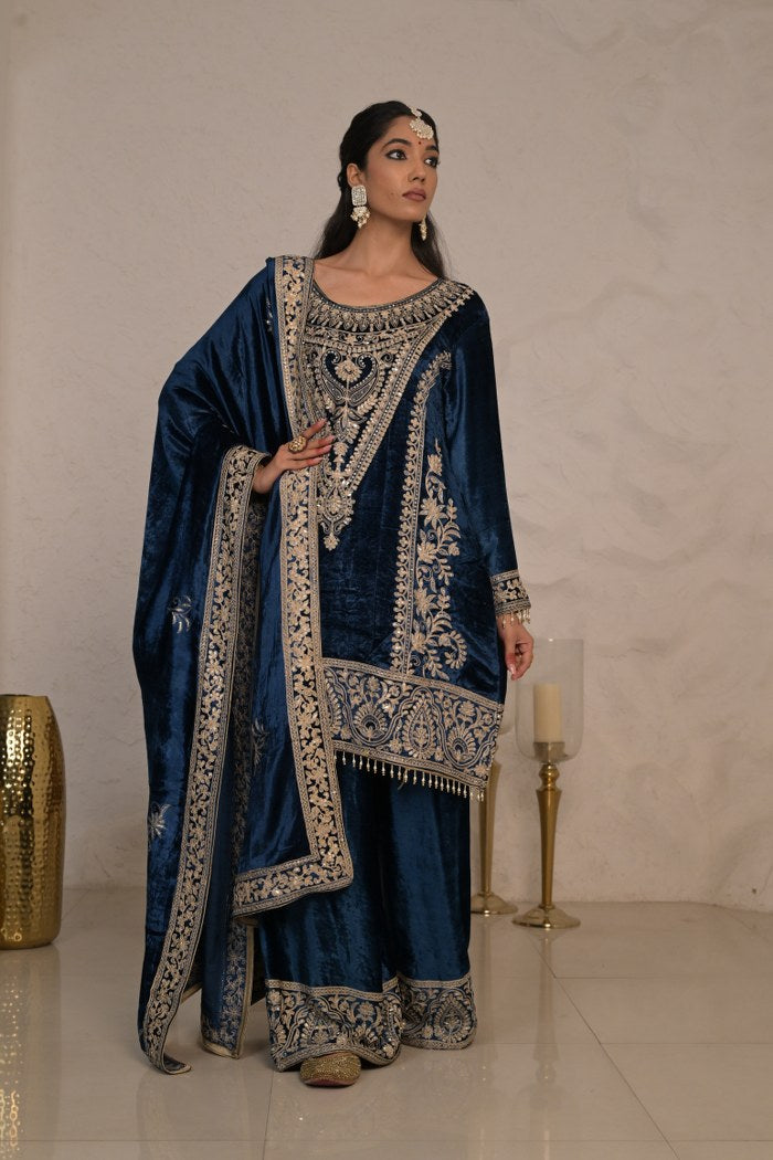 Chic Dark Blue Velvet Suit with Embroidered Dupatta – Noor Wedding Edit