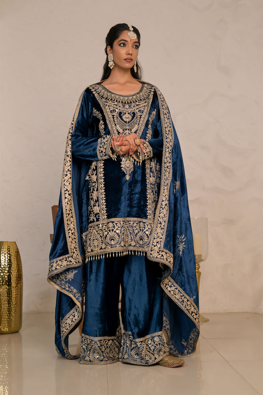 Chic Dark Blue Velvet Suit with Embroidered Dupatta – Noor Wedding Edit