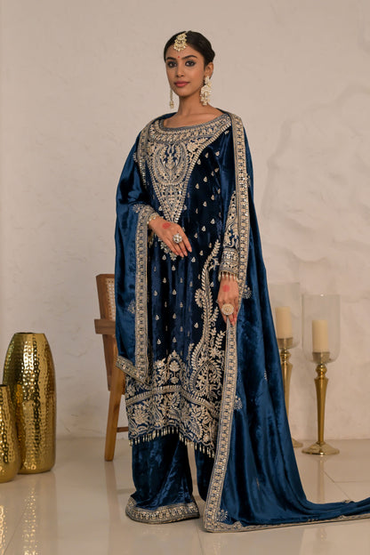 Midnight Blue Velvet Suit with Exquisite Embroidery – Noor Edit