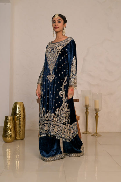 Midnight Blue Velvet Suit with Exquisite Embroidery – Noor Edit