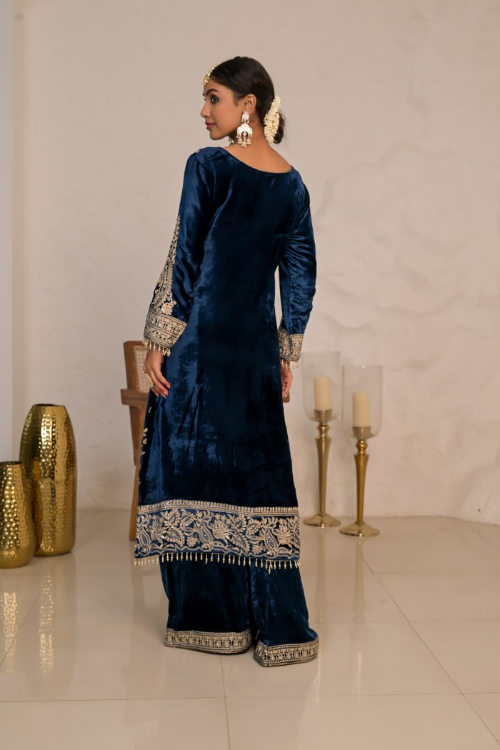 Midnight Blue Velvet Suit with Exquisite Embroidery – Noor Edit