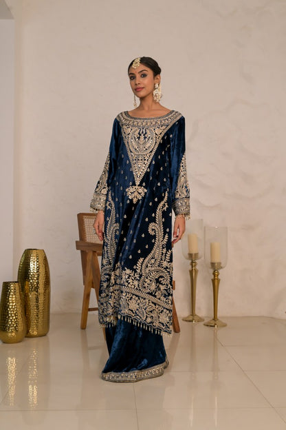 Midnight Blue Velvet Suit with Exquisite Embroidery – Noor Edit