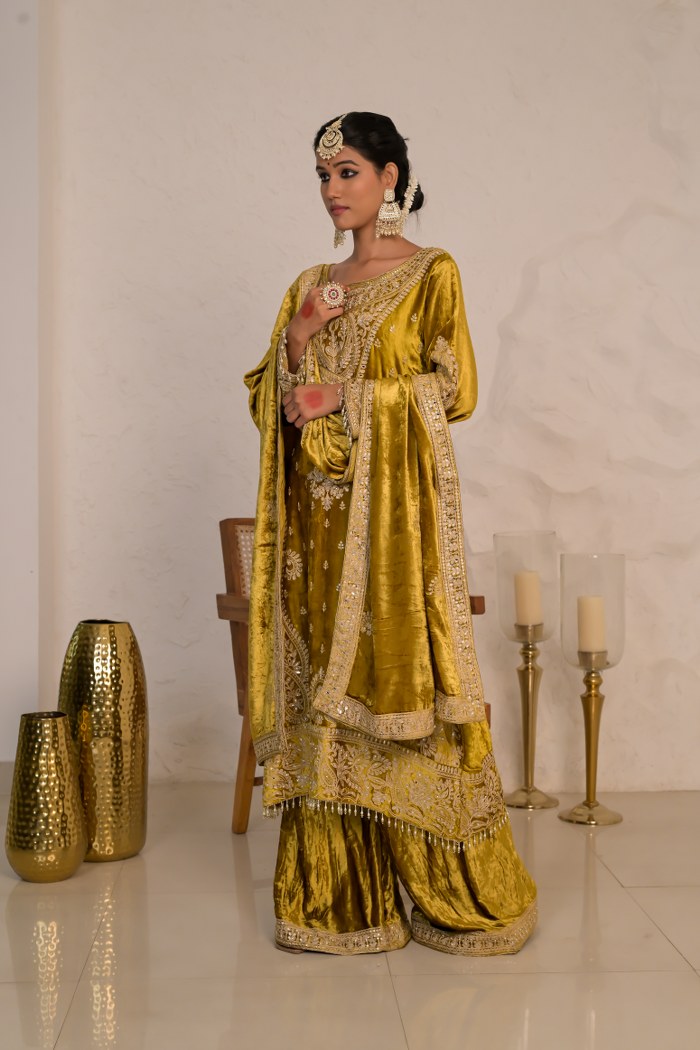 Elegant Mustard Velvet Suit with Embroidered Dupatta – Noor Winter Collection