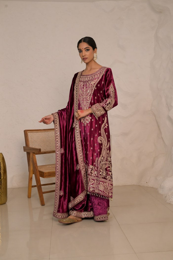 Graceful Maroon Velvet Suit with Embroidered Dupatta – Noor Winter Collection