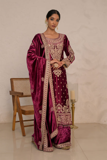 Graceful Maroon Velvet Suit with Embroidered Dupatta – Noor Winter Collection