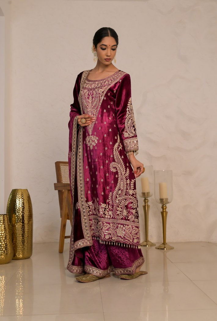 Graceful Maroon Velvet Suit with Embroidered Dupatta – Noor Winter Collection