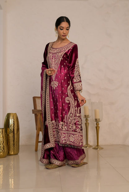 Graceful Maroon Velvet Suit with Embroidered Dupatta – Noor Winter Collection