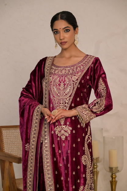 Graceful Maroon Velvet Suit with Embroidered Dupatta – Noor Winter Collection