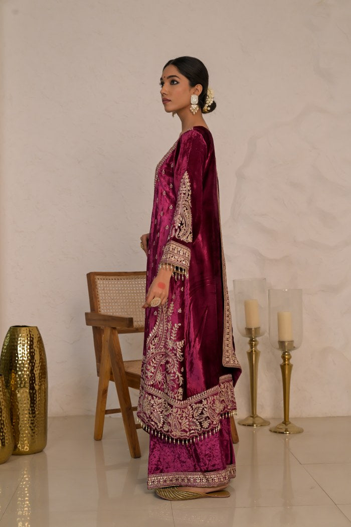 Graceful Maroon Velvet Suit with Embroidered Dupatta – Noor Winter Collection