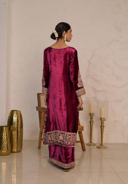 Graceful Maroon Velvet Suit with Embroidered Dupatta – Noor Winter Collection