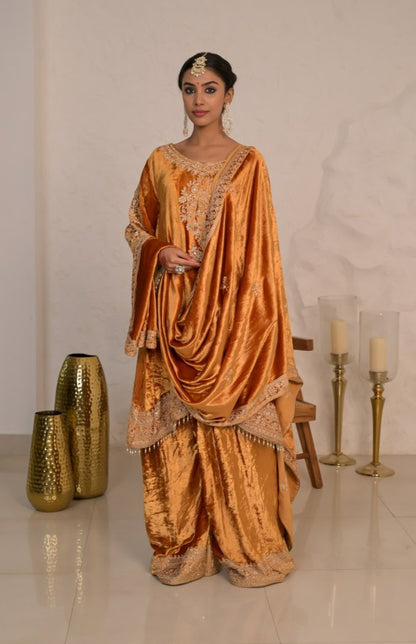 Festive Citrine Pastel Orange Velvet Suit – Noor Celebration Line